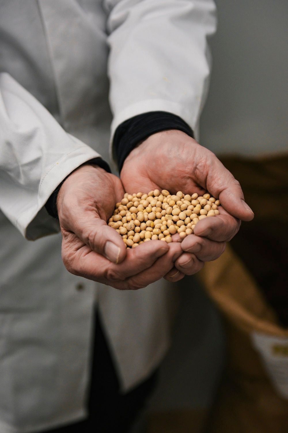 man holding soy beans